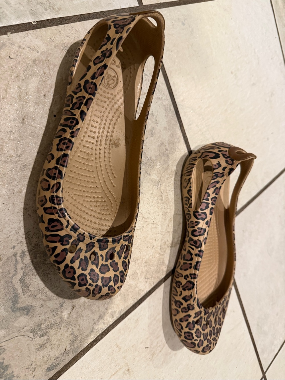 CROCS Women's Leopard Print Slingback Flats in Tan and Black